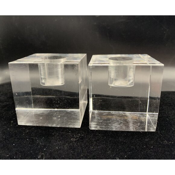 Lucite Block Cube Taper Candlestick Holder MCM Set 2 Vtg Clear Acrylic Incised - Picture 2 of 11